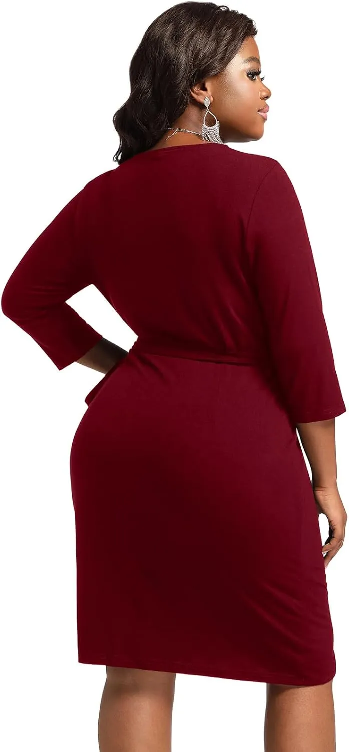 Plus Size Faux Wrap Bodycon Dress for Curvy Women Keyhole 3/4 Sleeve Sexy Cocktail Midi Wedding Guest Dresses