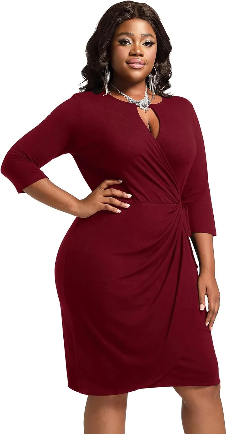 Plus Size Faux Wrap Bodycon Dress for Curvy Women Keyhole 3/4 Sleeve Sexy Cocktail Midi Wedding Guest Dresses