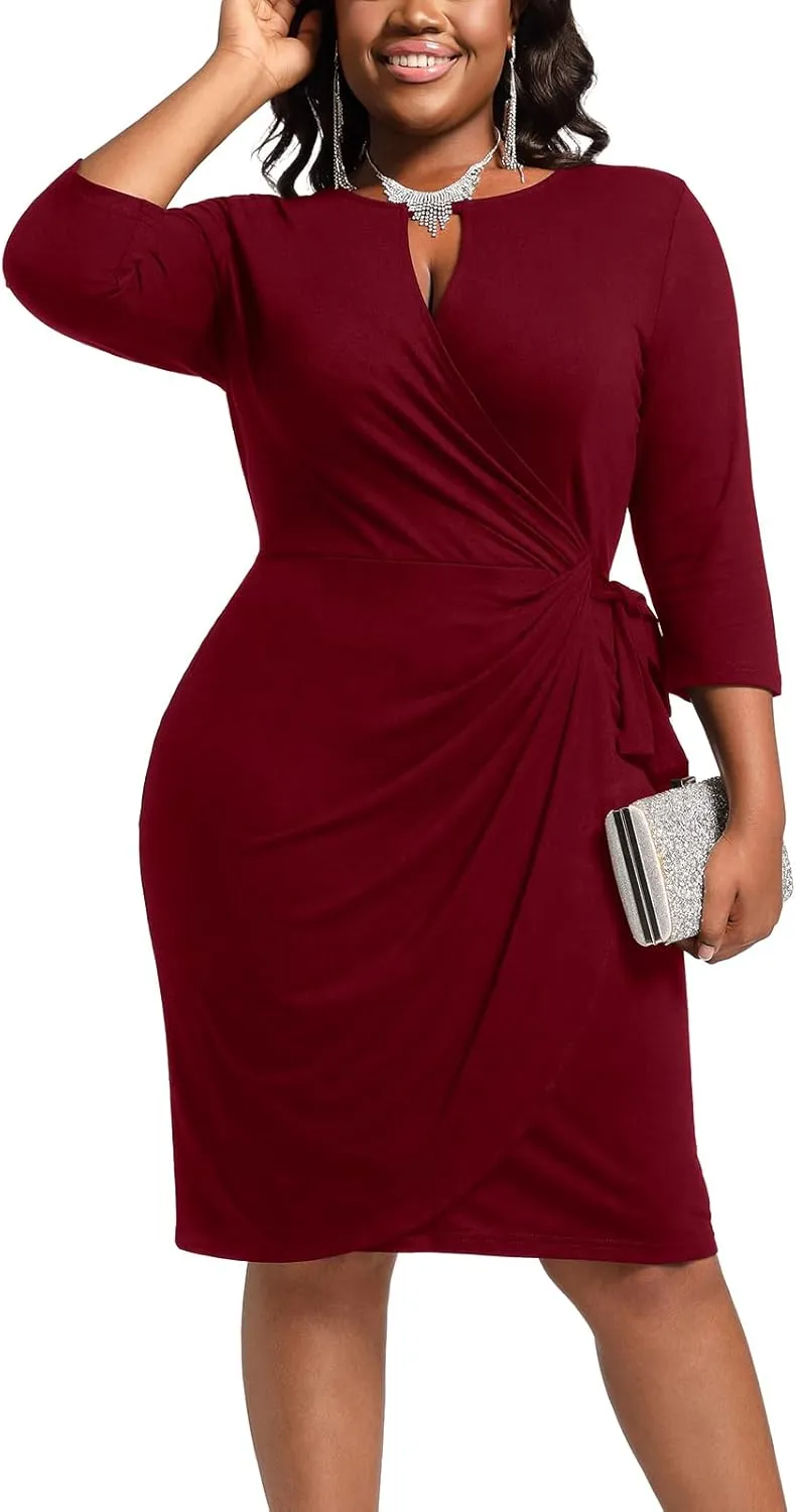 Plus Size Faux Wrap Bodycon Dress for Curvy Women Keyhole 3/4 Sleeve Sexy Cocktail Midi Wedding Guest Dresses