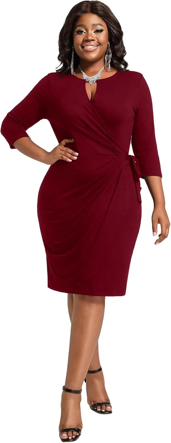 Plus Size Faux Wrap Bodycon Dress for Curvy Women Keyhole 3/4 Sleeve Sexy Cocktail Midi Wedding Guest Dresses