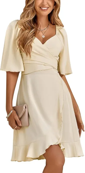 Plustrong Womens Summer Wrap V Neck Short Flare Sleeve Mini Dress Smocked Ruffle Hem Cocktail Wedding Guest Dress