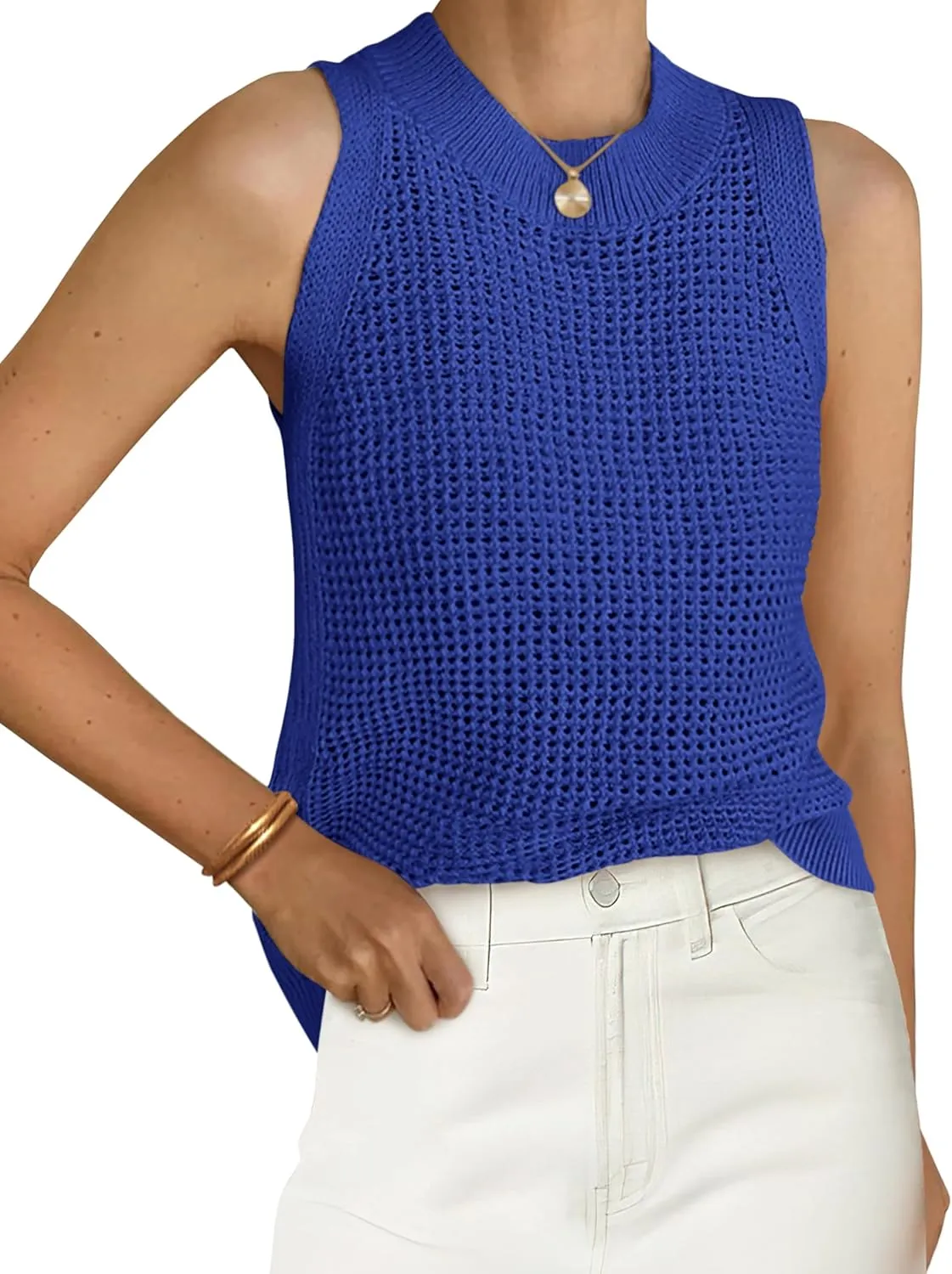 PRETTYGARDEN Summer Crochet Tank Tops for Women 2025 Casual Crewneck Hollow Out Loose Knit Sleeveless Sweater Vest Top Trendy
