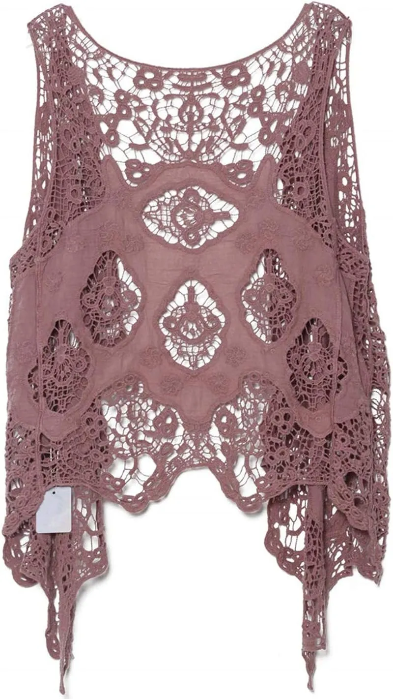 PUWEI Women's Open Front Crochet Bohemian Hippie Butterfly Vest Cardigan Coverup