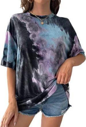 Remidoo Women's Casual Crewneck Short Sleeve Tie Dye Oversized T Shirt Graphic Tee Top