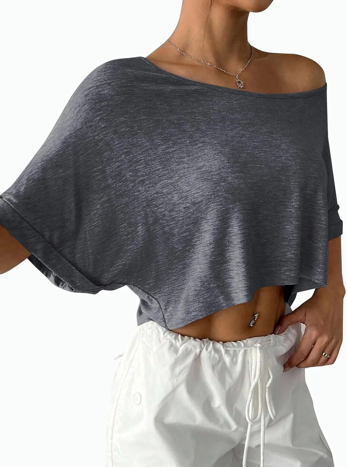 Remidoo Womens Off The Shoulder Short Sleeve Crop Top Asymmetrical Neck Loose Tshirt