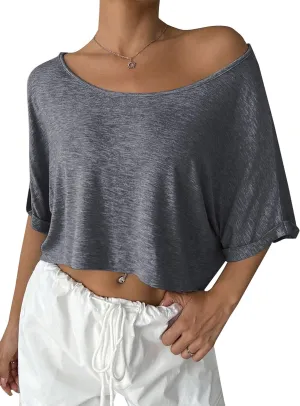 Remidoo Womens Off The Shoulder Short Sleeve Crop Top Asymmetrical Neck Loose Tshirt