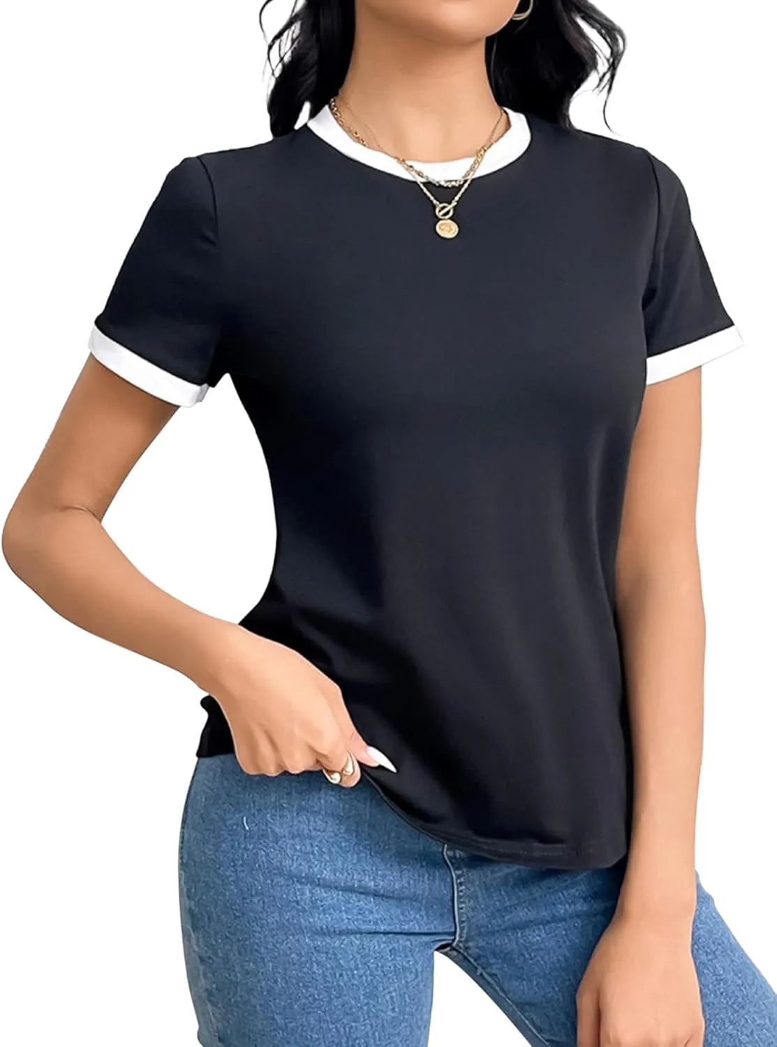 Remidoo Womens Ringer Tee Crew Neck Color Block Casual Summer Short Sleeve T Shirt