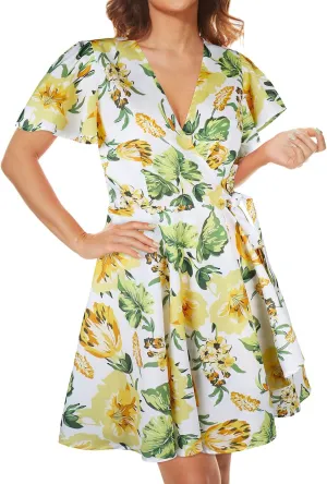 ROYLAMP Women's 2024 Summer Floral Wrap Dress Deep V Neck Short Bell Sleeve Flowy Belted Split Boho Flowy Mini Dresses