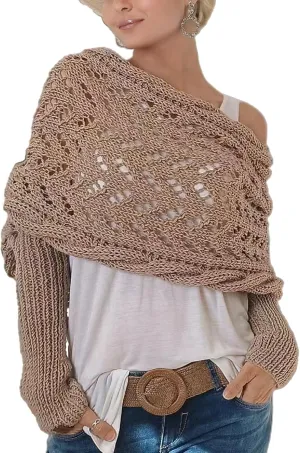Scarf with Sleeves for Women, Knitted Cable Wrap, Multifunctional Crochet Shrug Sweater Wrap with Sleeves