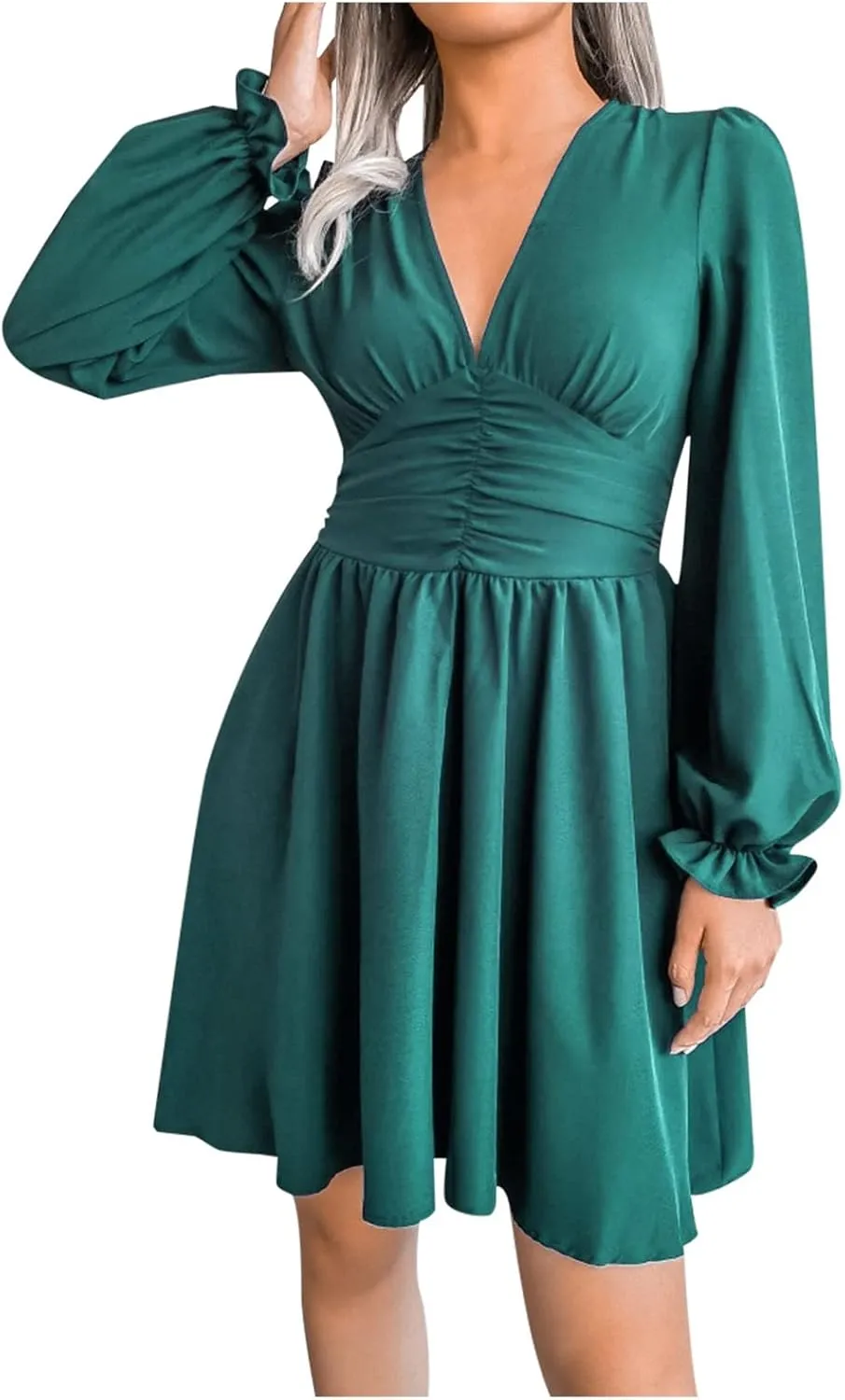 Sexy Deep V Neck Mini Dress for Women Casual Ruffle Long Sleeve High Waisted Swing Pleated A-Line Fall and Winter Dress