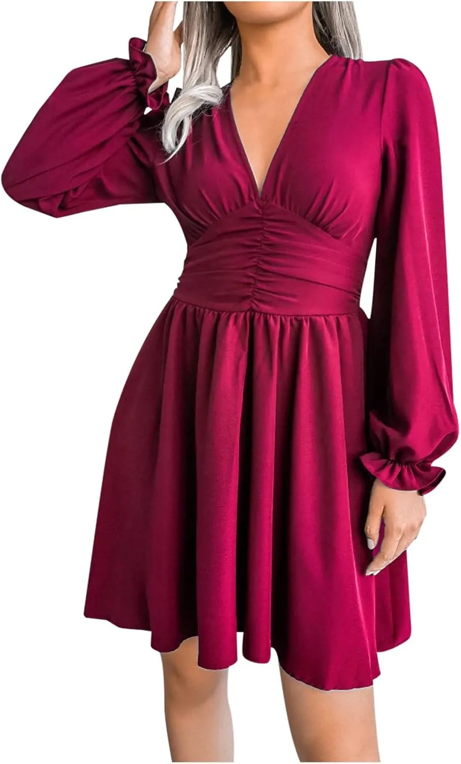 Sexy Deep V Neck Mini Dress for Women Casual Ruffle Long Sleeve High Waisted Swing Pleated A-Line Fall and Winter Dress