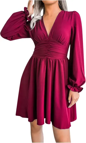 Sexy Deep V Neck Mini Dress for Women Casual Ruffle Long Sleeve High Waisted Swing Pleated A-Line Fall and Winter Dress