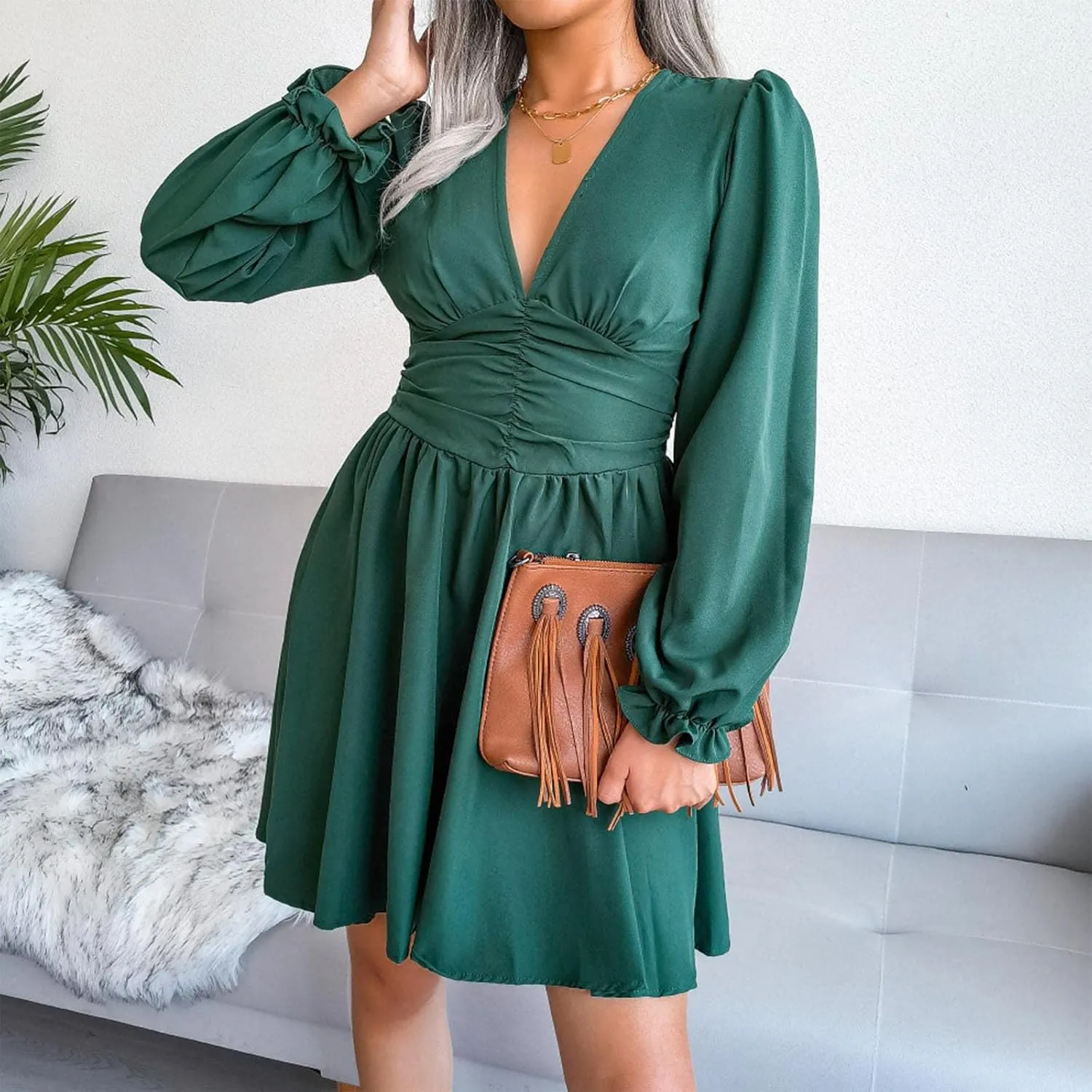 Sexy Deep V Neck Mini Dress for Women Casual Ruffle Long Sleeve High Waisted Swing Pleated A-Line Fall and Winter Dress