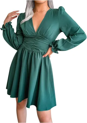 Sexy Deep V Neck Mini Dress for Women Casual Ruffle Long Sleeve High Waisted Swing Pleated A-Line Fall and Winter Dress