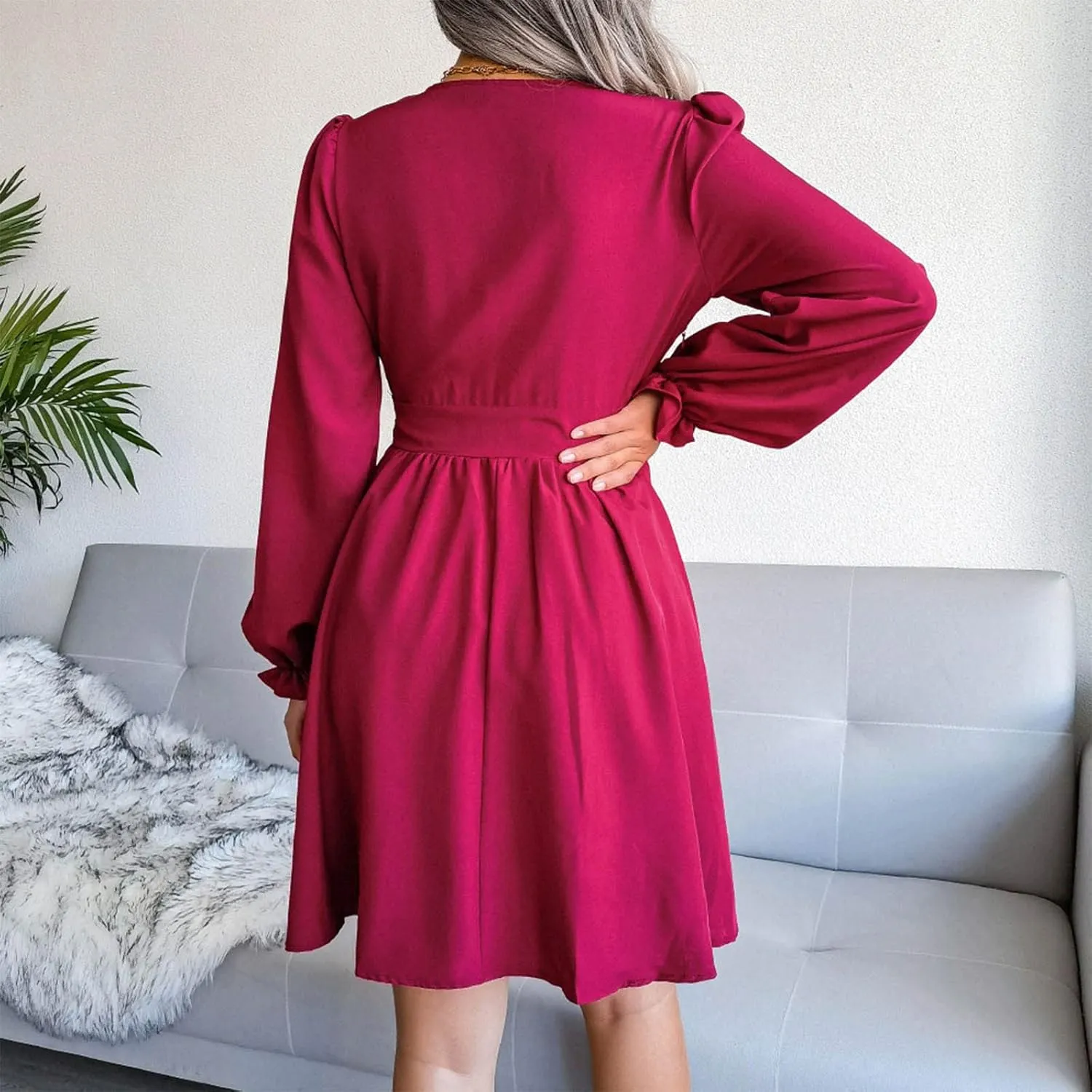 Sexy Deep V Neck Mini Dress for Women Casual Ruffle Long Sleeve High Waisted Swing Pleated A-Line Fall and Winter Dress