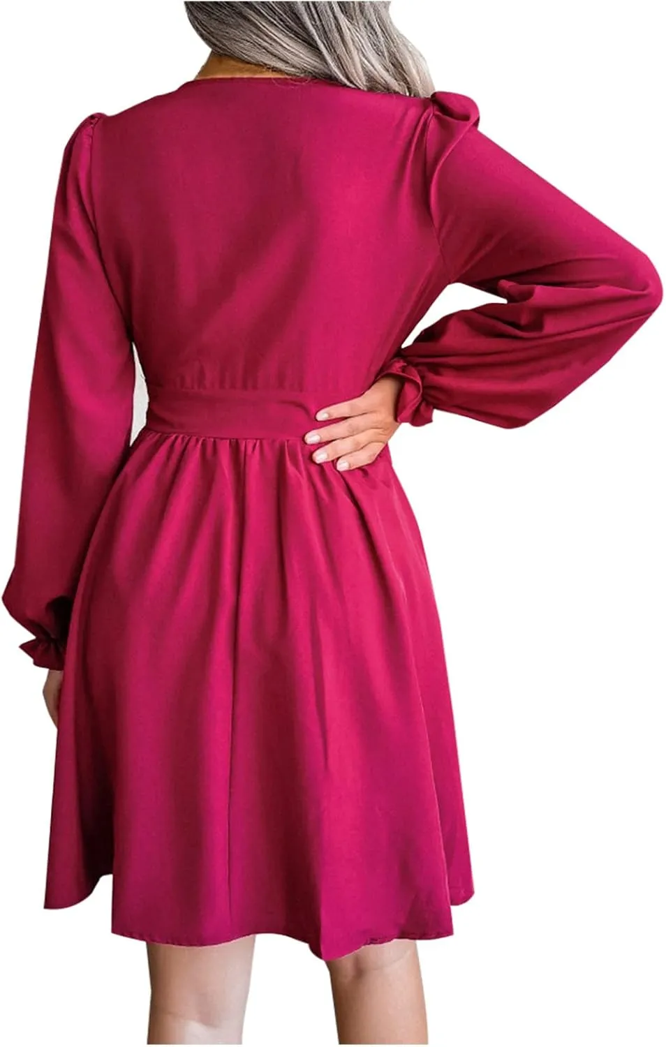 Sexy Deep V Neck Mini Dress for Women Casual Ruffle Long Sleeve High Waisted Swing Pleated A-Line Fall and Winter Dress