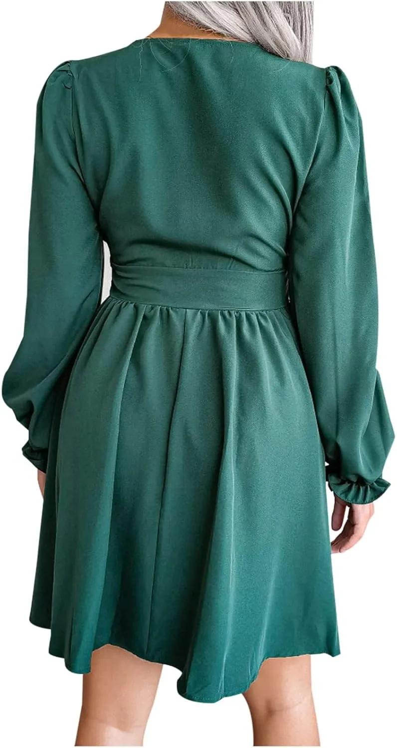 Sexy Deep V Neck Mini Dress for Women Casual Ruffle Long Sleeve High Waisted Swing Pleated A-Line Fall and Winter Dress