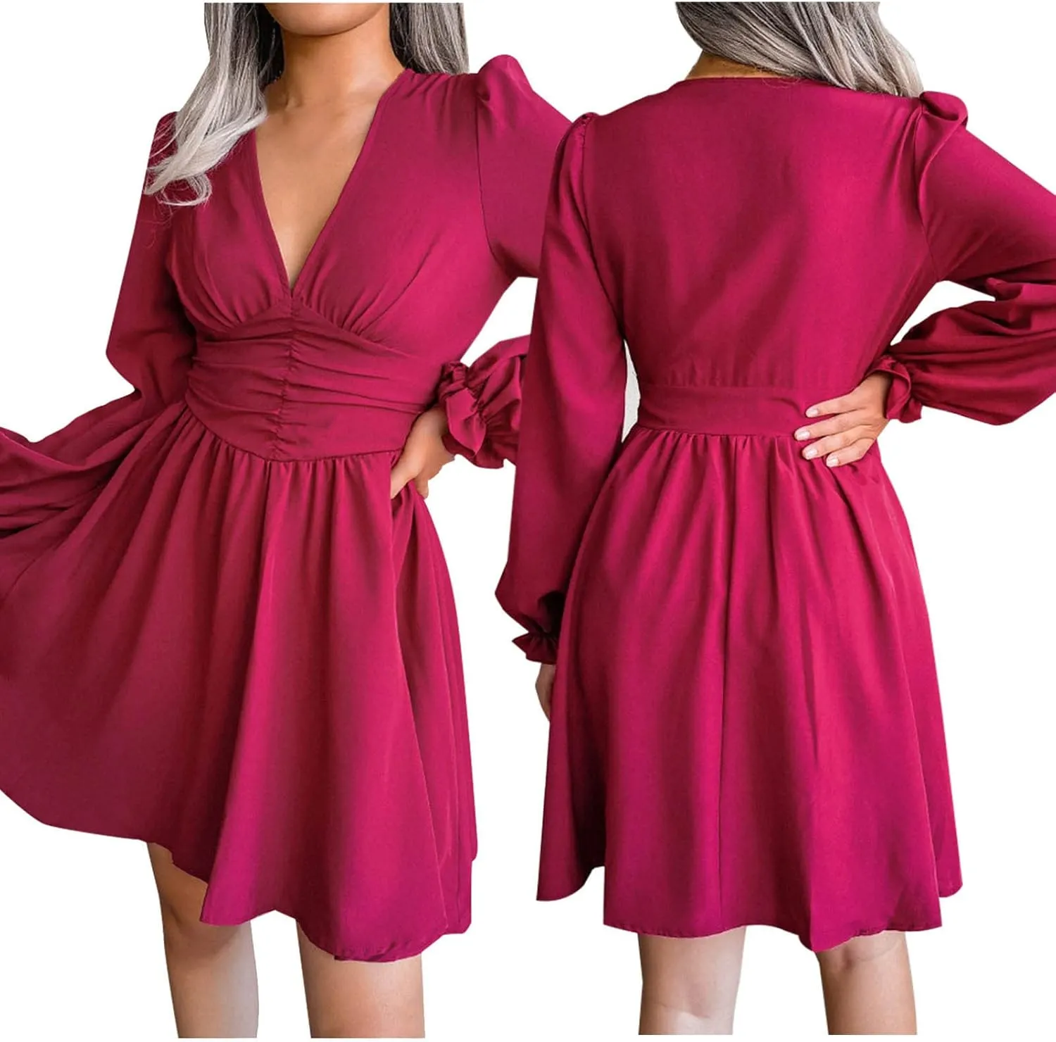 Sexy Deep V Neck Mini Dress for Women Casual Ruffle Long Sleeve High Waisted Swing Pleated A-Line Fall and Winter Dress