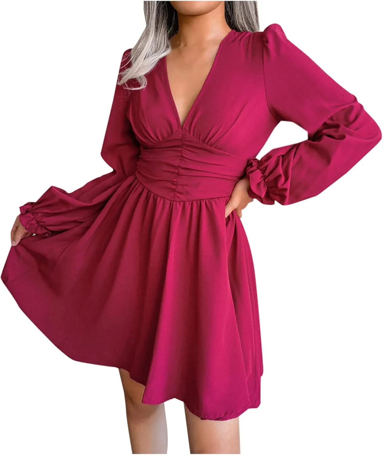 Sexy Deep V Neck Mini Dress for Women Casual Ruffle Long Sleeve High Waisted Swing Pleated A-Line Fall and Winter Dress