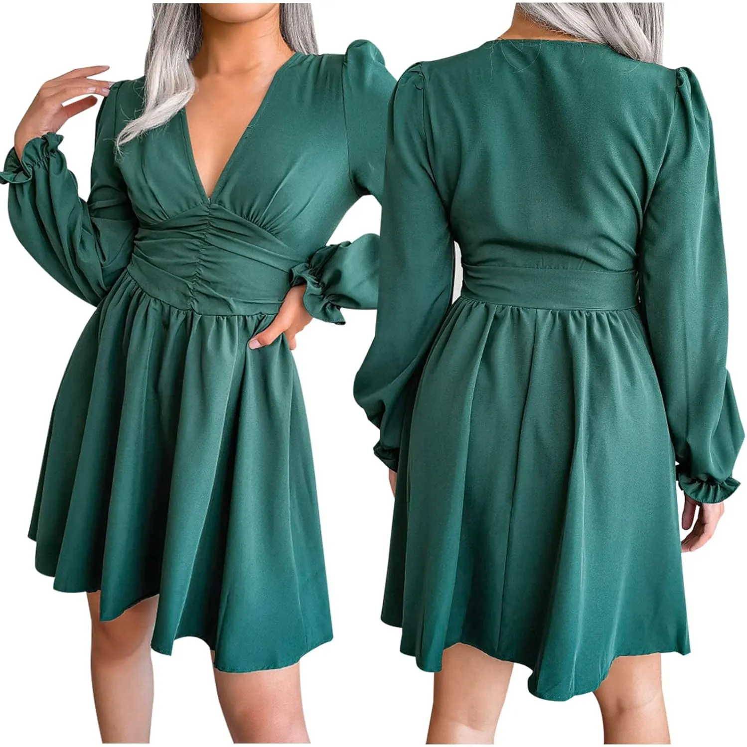 Sexy Deep V Neck Mini Dress for Women Casual Ruffle Long Sleeve High Waisted Swing Pleated A-Line Fall and Winter Dress