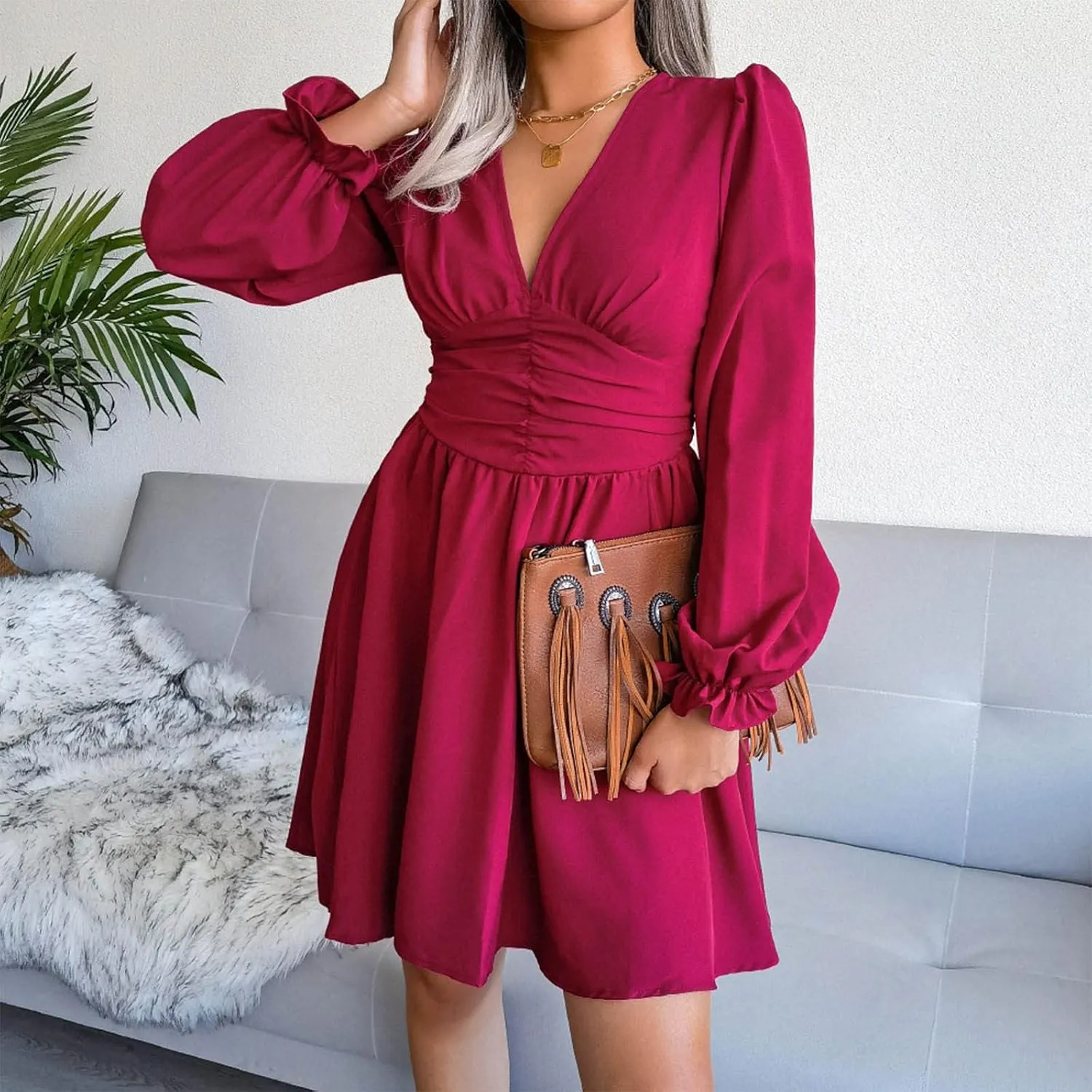 Sexy Deep V Neck Mini Dress for Women Casual Ruffle Long Sleeve High Waisted Swing Pleated A-Line Fall and Winter Dress