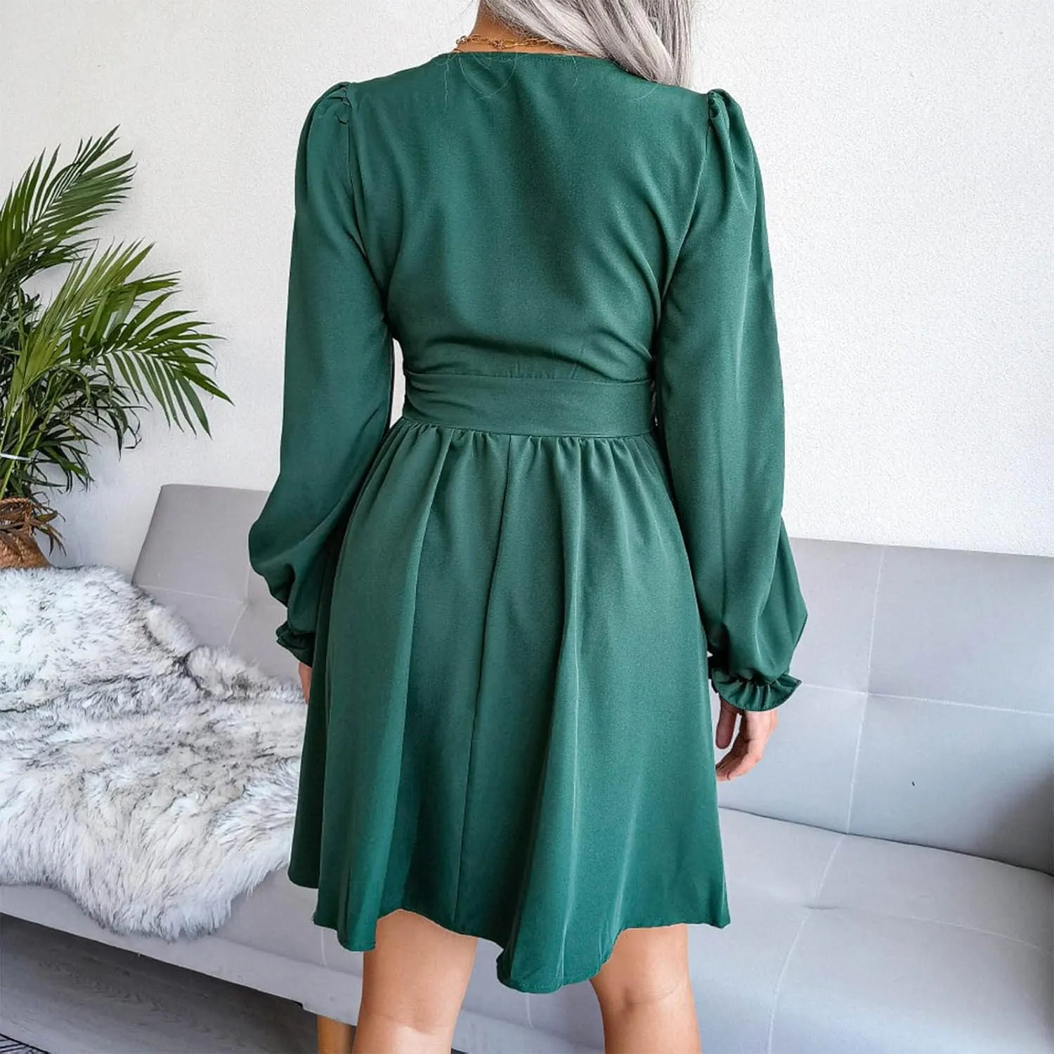 Sexy Deep V Neck Mini Dress for Women Casual Ruffle Long Sleeve High Waisted Swing Pleated A-Line Fall and Winter Dress