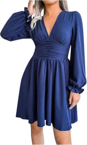 Sexy Deep V Neck Mini Dress for Women Casual Ruffle Long Sleeve High Waisted Swing Pleated A-Line Fall and Winter Dress