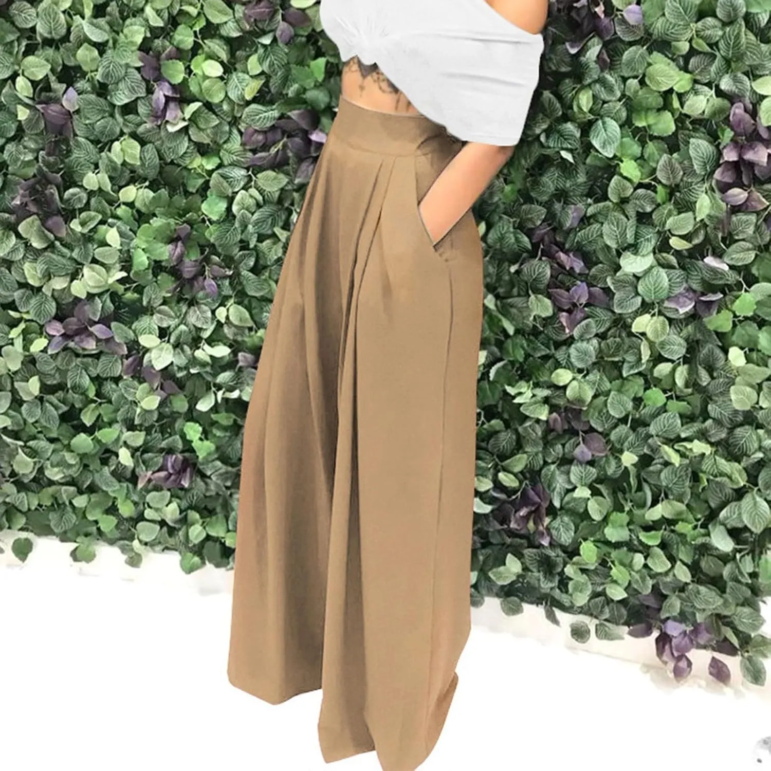 SGASY Womens Palazzo Long Pants High Waist Wide Leg Stretchy Loose Fit Casual Trousers Holiday Flowy Pants with Pocket