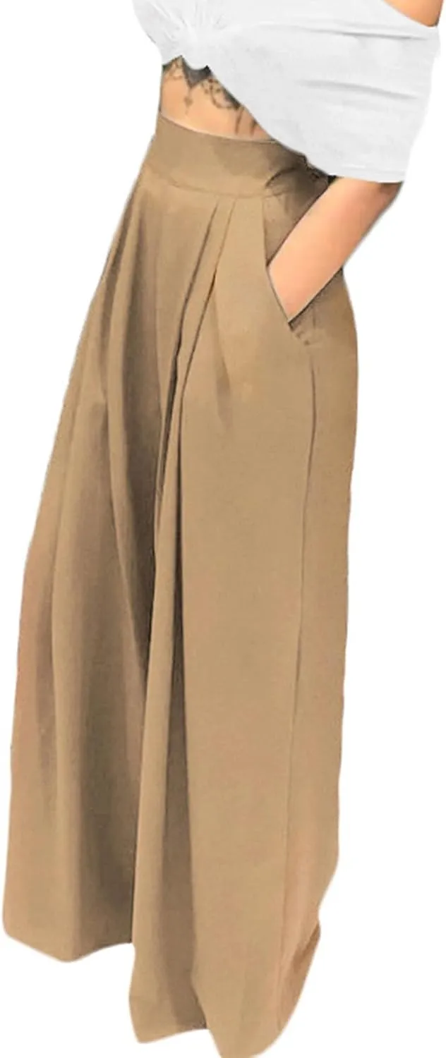 SGASY Womens Palazzo Long Pants High Waist Wide Leg Stretchy Loose Fit Casual Trousers Holiday Flowy Pants with Pocket