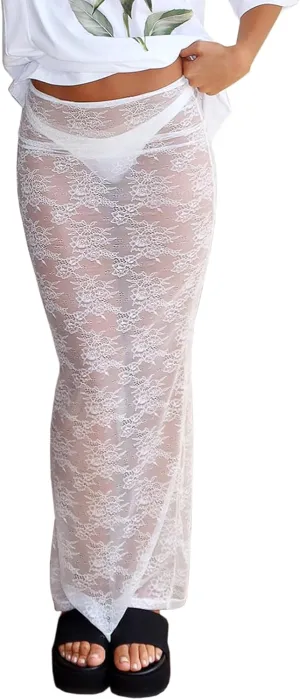 Sheer Mesh Lace Maxi Skirts for Women Bodycon Pencil Skirt See Through Rave Vacation Beach Coverup Long Skirt