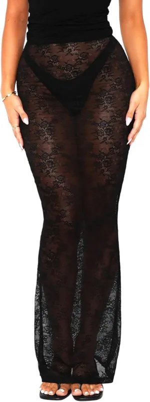 Sheer Mesh Lace Maxi Skirts for Women Bodycon Pencil Skirt See Through Rave Vacation Beach Coverup Long Skirt