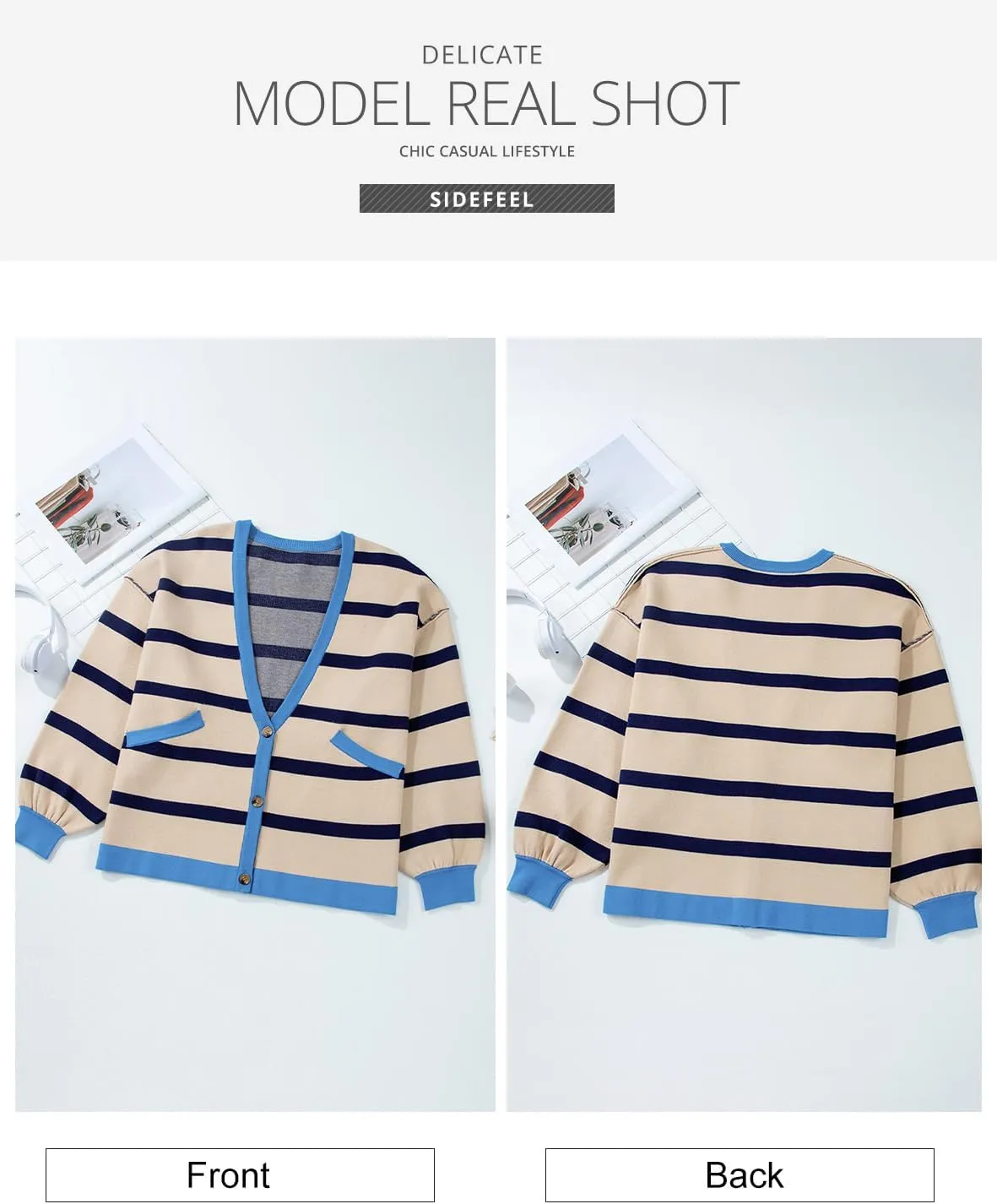 Sidefeel Women's Cardigan 2024 Fall Sweaters Open Front Coat Oversized Striped Chunky Outwear with Pockets
