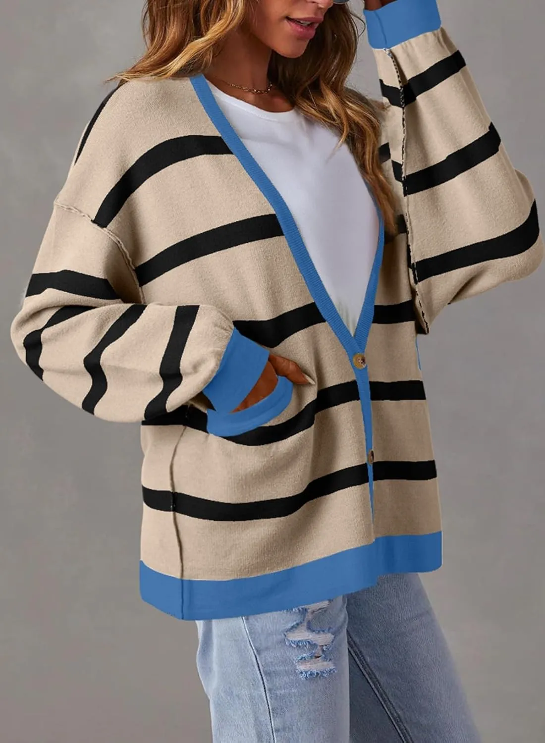 Sidefeel Women's Cardigan 2024 Fall Sweaters Open Front Coat Oversized Striped Chunky Outwear with Pockets