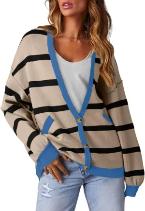 Sidefeel Women's Cardigan 2024 Fall Sweaters Open Front Coat Oversized Striped Chunky Outwear with Pockets