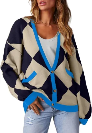 Sidefeel Women's Cardigan 2024 Fall Sweaters Open Front Coat Oversized Striped Chunky Outwear with Pockets