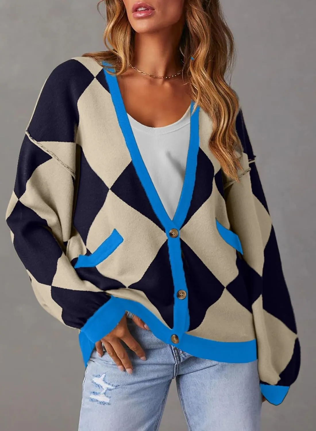 Sidefeel Women's Cardigan 2024 Fall Sweaters Open Front Coat Oversized Striped Chunky Outwear with Pockets