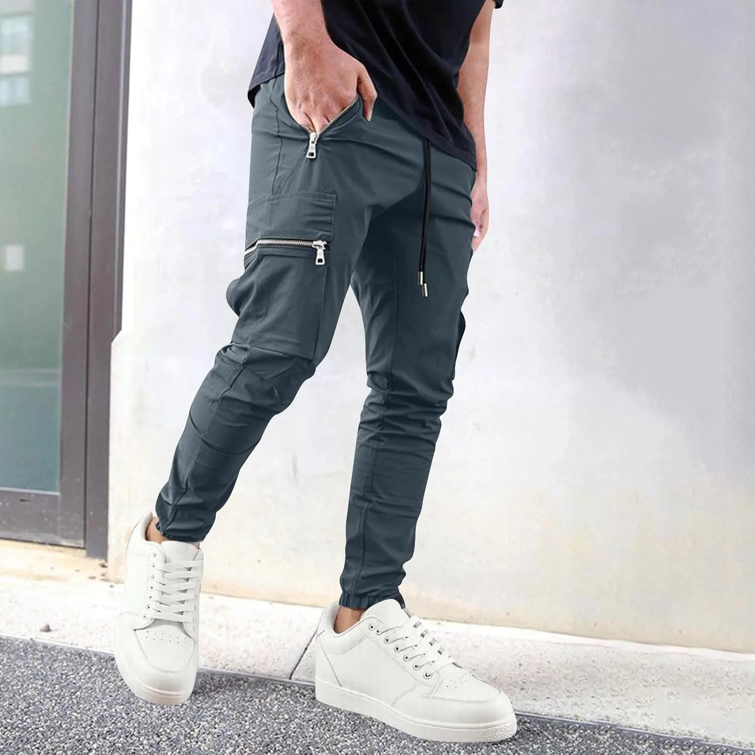 Sinzelimin Men Cargo Pants Fashion Drawstring Zipper Pockets Workwear Fishing Trouser Stretch Slim Fit Full Length Sweatpant