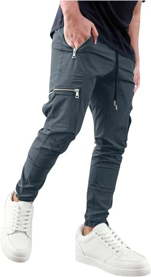 Sinzelimin Men Cargo Pants Fashion Drawstring Zipper Pockets Workwear Fishing Trouser Stretch Slim Fit Full Length Sweatpant