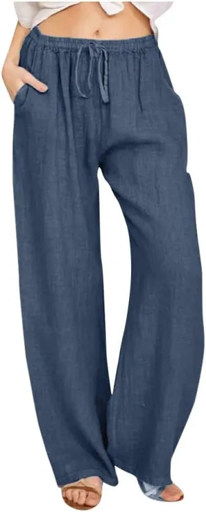 Straight Fit Linen Pants for Women Elastic Waist Trousers Loose Fit Comfort Pants Summer Pants with Pocket