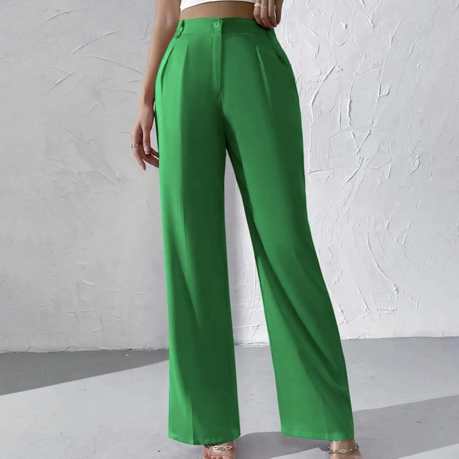 Straight Leg Dress Pants for Women Solid Color Pleated Palazzo Pants Stylish Casual High Waist Button Work Trousers
