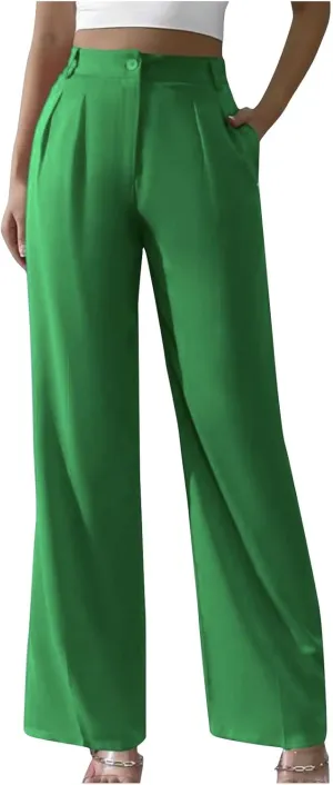 Straight Leg Dress Pants for Women Solid Color Pleated Palazzo Pants Stylish Casual High Waist Button Work Trousers