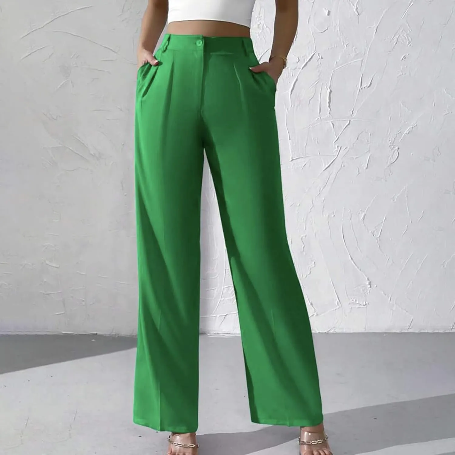 Straight Leg Dress Pants for Women Solid Color Pleated Palazzo Pants Stylish Casual High Waist Button Work Trousers