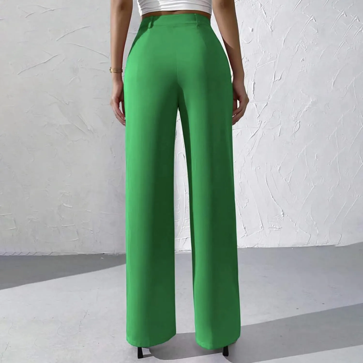 Straight Leg Dress Pants for Women Solid Color Pleated Palazzo Pants Stylish Casual High Waist Button Work Trousers