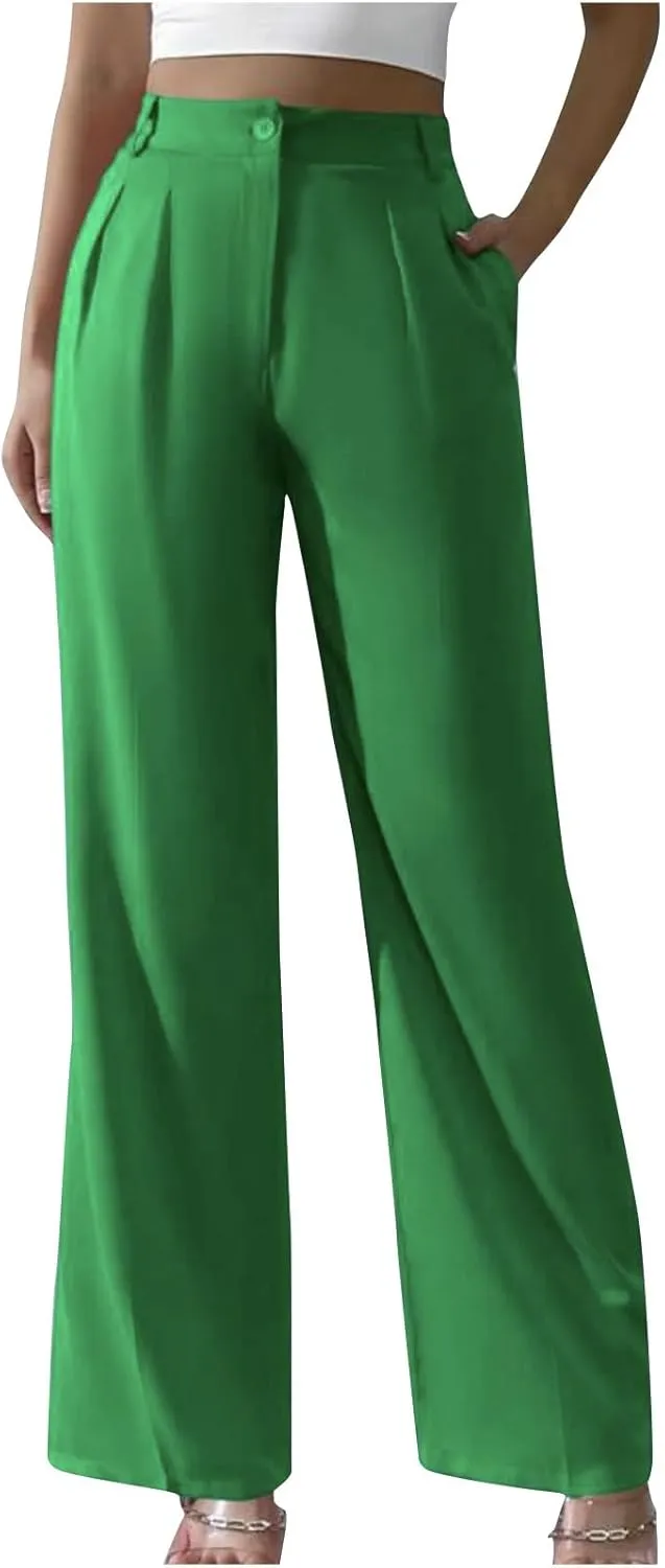 Straight Leg Dress Pants for Women Solid Color Pleated Palazzo Pants Stylish Casual High Waist Button Work Trousers