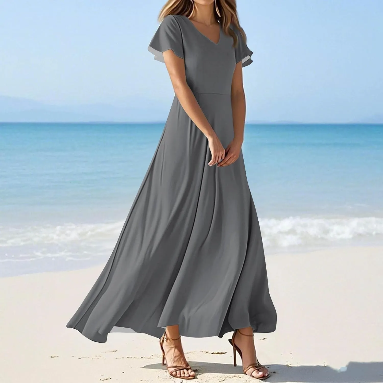 Summer Dress for Women 2025 Elegant Swing Flowy Ruffle V Neck Boho Sun Dresses Trendy Casual Vacation Long Sundresses