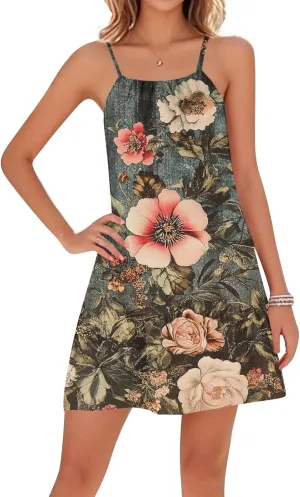 Summer Dress for Women Swimsuit Cover Up Crewneck Adjustable Straps Ruffle Beach Backless Mini Vacation Sundress