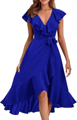 Summer Dresses for Women 2024,Casual Wrap Deep V Neck Midi Dress Boho Short Sleeve Ruffle Hem Beach Split Dresses