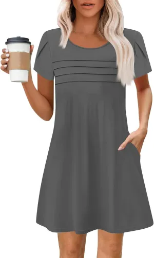 Summer Dresses for Women 2025 Casual T Shirt Dresses Round Neck Floral Short Sleeve Dress Pleated Front Beach Dress