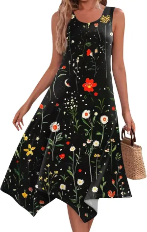 Summer Dresses for Women 2025 Fashion Round Neck Sleeveless Print Irregular Hem Tank Sundress Casual Beach Midi Dresses
