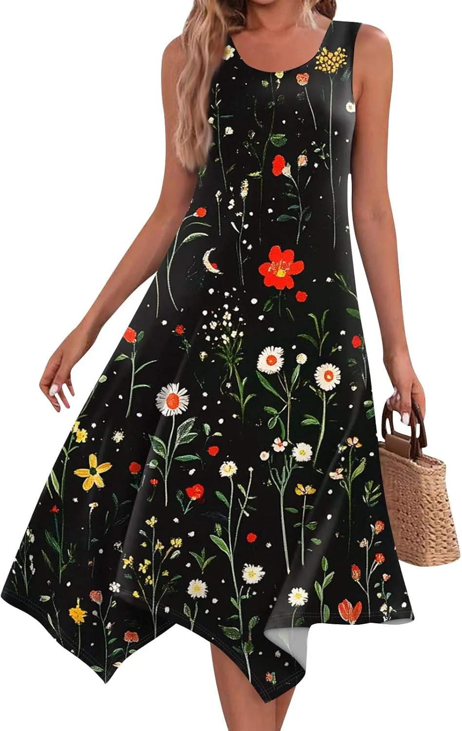 Summer Dresses for Women 2025 Fashion Round Neck Sleeveless Print Irregular Hem Tank Sundress Casual Beach Midi Dresses